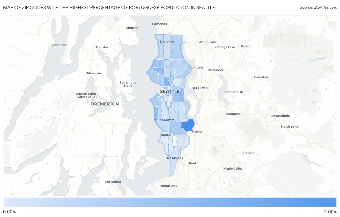 Zip Codes with the Highest Percentage of Portuguese Population in Seattle Map
