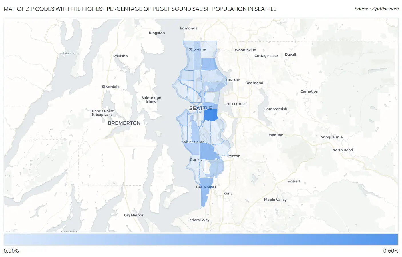 Zip Codes with the Highest Percentage of Puget Sound Salish Population in Seattle Map