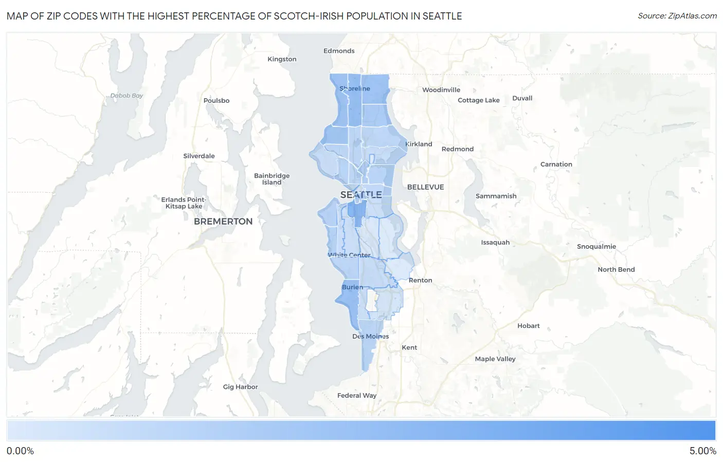 Zip Codes with the Highest Percentage of Scotch-Irish Population in Seattle Map