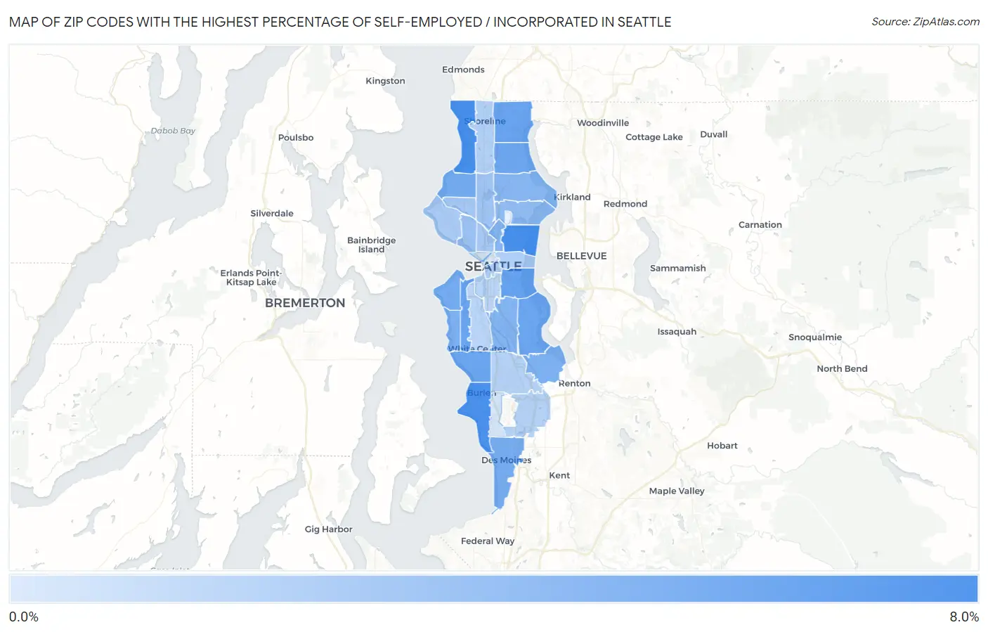 Zip Codes with the Highest Percentage of Self-Employed / Incorporated in Seattle Map