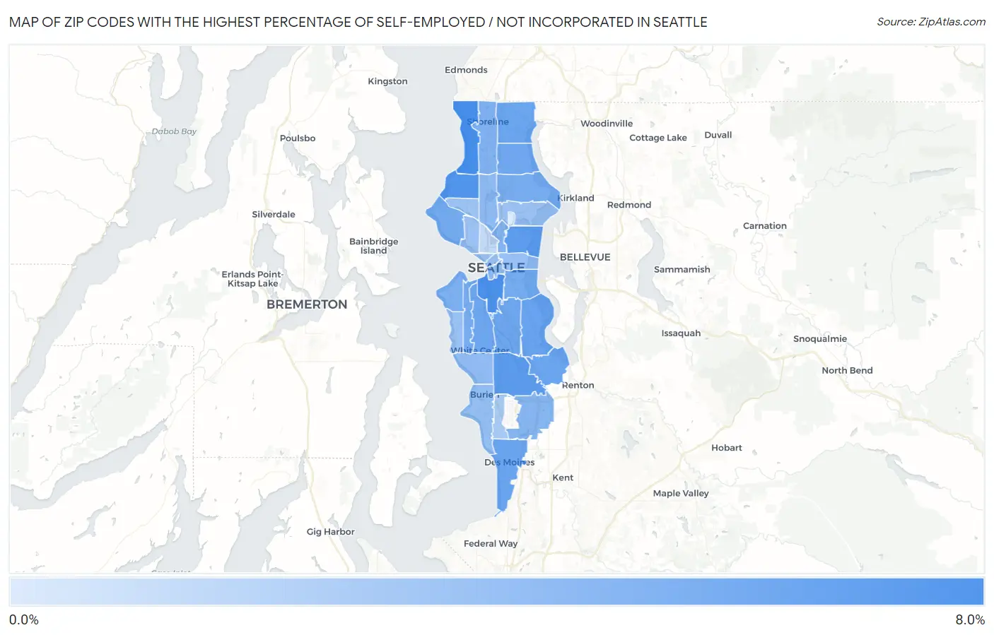 Zip Codes with the Highest Percentage of Self-Employed / Not Incorporated in Seattle Map