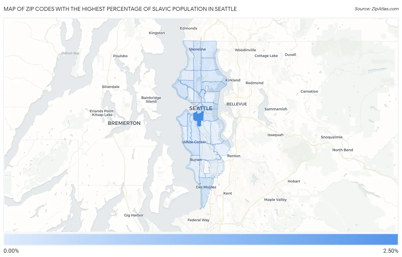 Zip Codes with the Highest Percentage of Slavic Population in Seattle Map