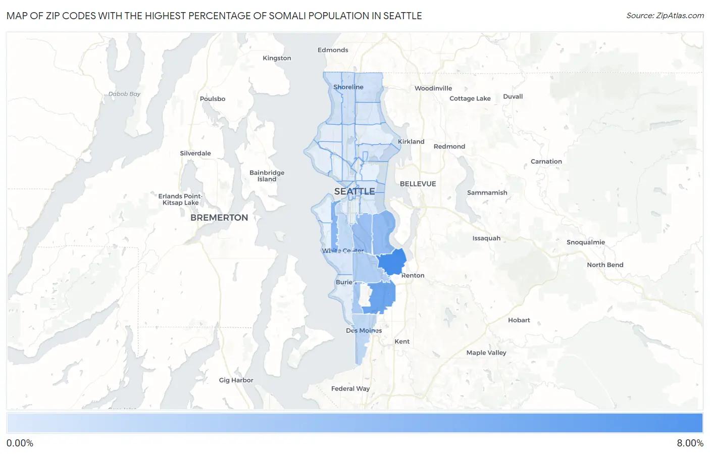 Zip Codes with the Highest Percentage of Somali Population in Seattle Map