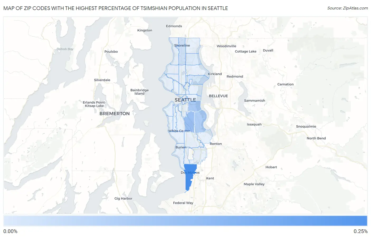 Zip Codes with the Highest Percentage of Tsimshian Population in Seattle Map