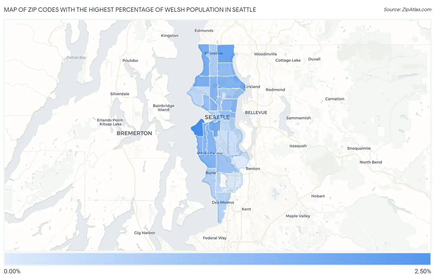 Zip Codes with the Highest Percentage of Welsh Population in Seattle Map