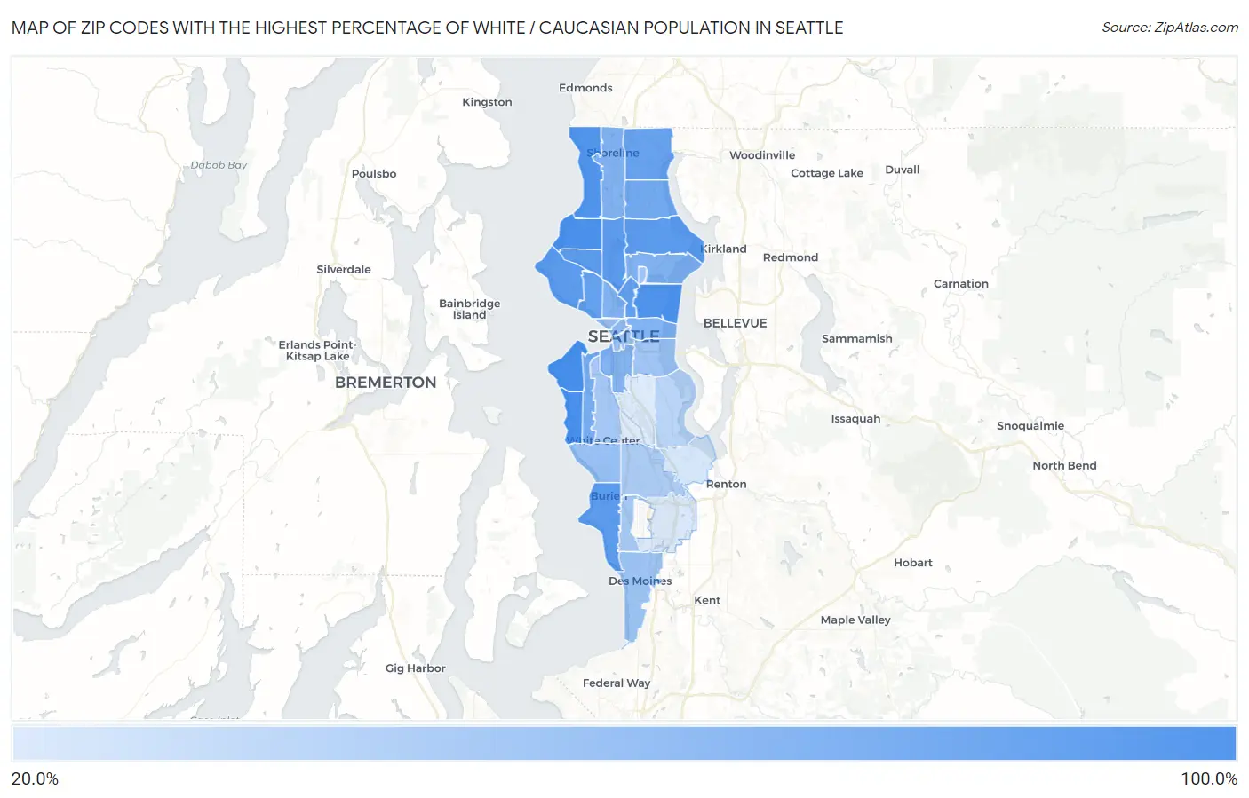 Zip Codes with the Highest Percentage of White / Caucasian Population in Seattle Map