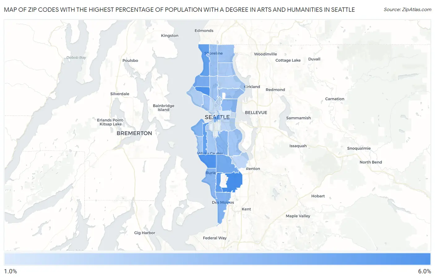 Zip Codes with the Highest Percentage of Population with a Degree in Arts and Humanities in Seattle Map