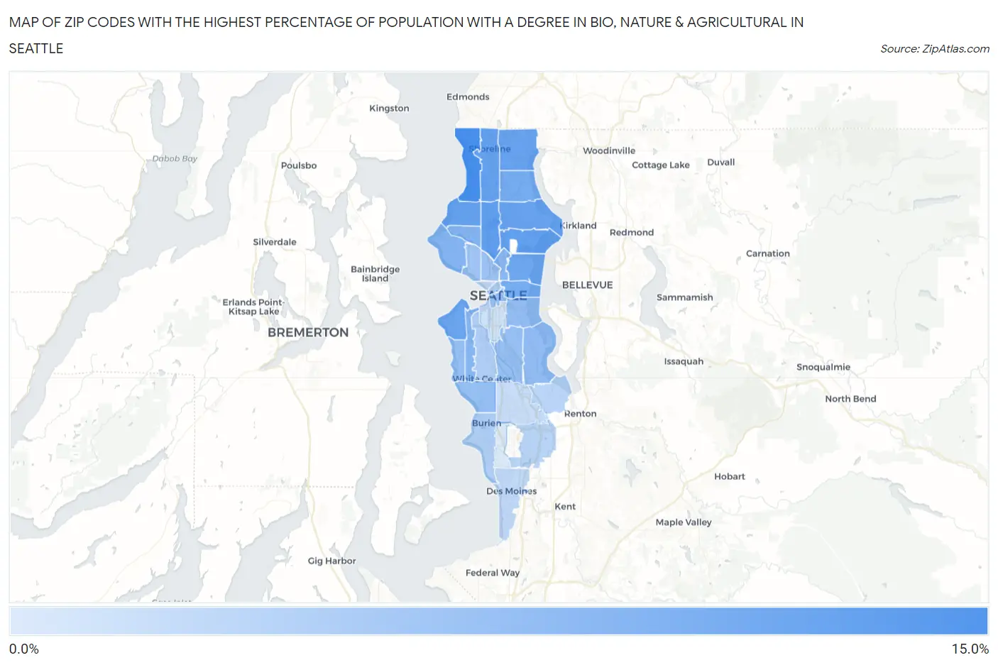 Zip Codes with the Highest Percentage of Population with a Degree in Bio, Nature & Agricultural in Seattle Map