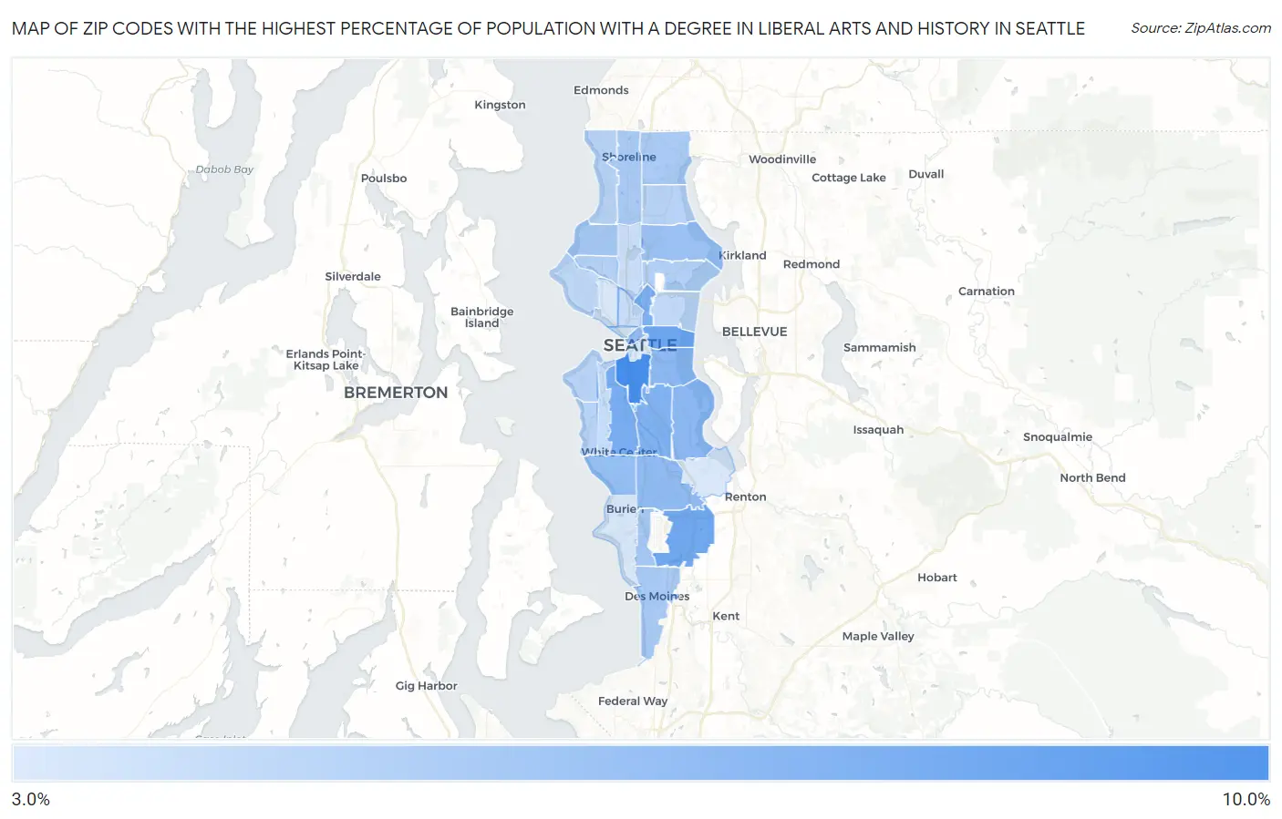 Zip Codes with the Highest Percentage of Population with a Degree in Liberal Arts and History in Seattle Map