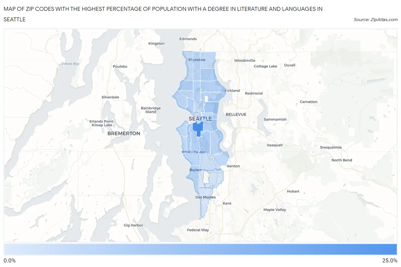 Zip Codes with the Highest Percentage of Population with a Degree in Literature and Languages in Seattle Map