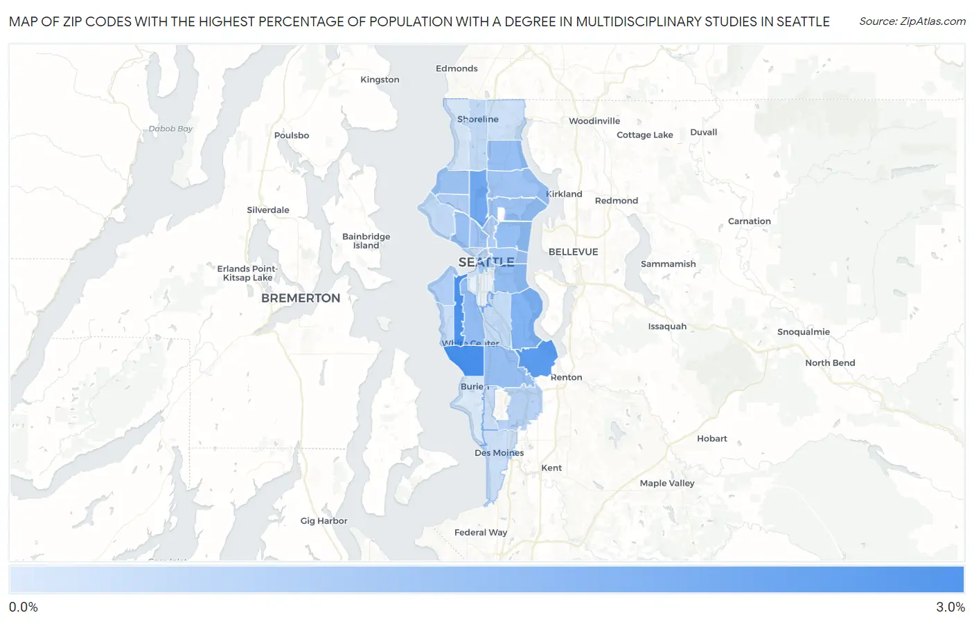 Zip Codes with the Highest Percentage of Population with a Degree in Multidisciplinary Studies in Seattle Map
