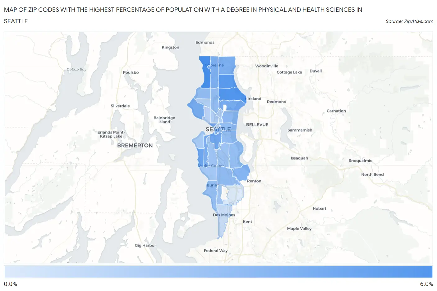 Zip Codes with the Highest Percentage of Population with a Degree in Physical and Health Sciences in Seattle Map