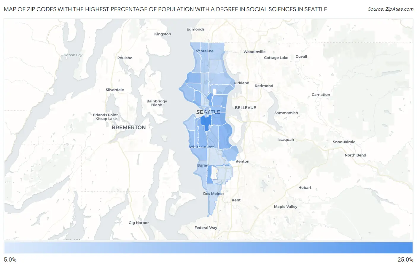 Zip Codes with the Highest Percentage of Population with a Degree in Social Sciences in Seattle Map