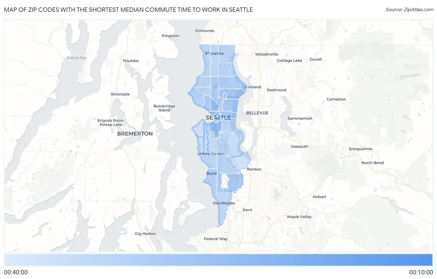 Zip Codes with the Shortest Median Commute Time to Work in Seattle Map