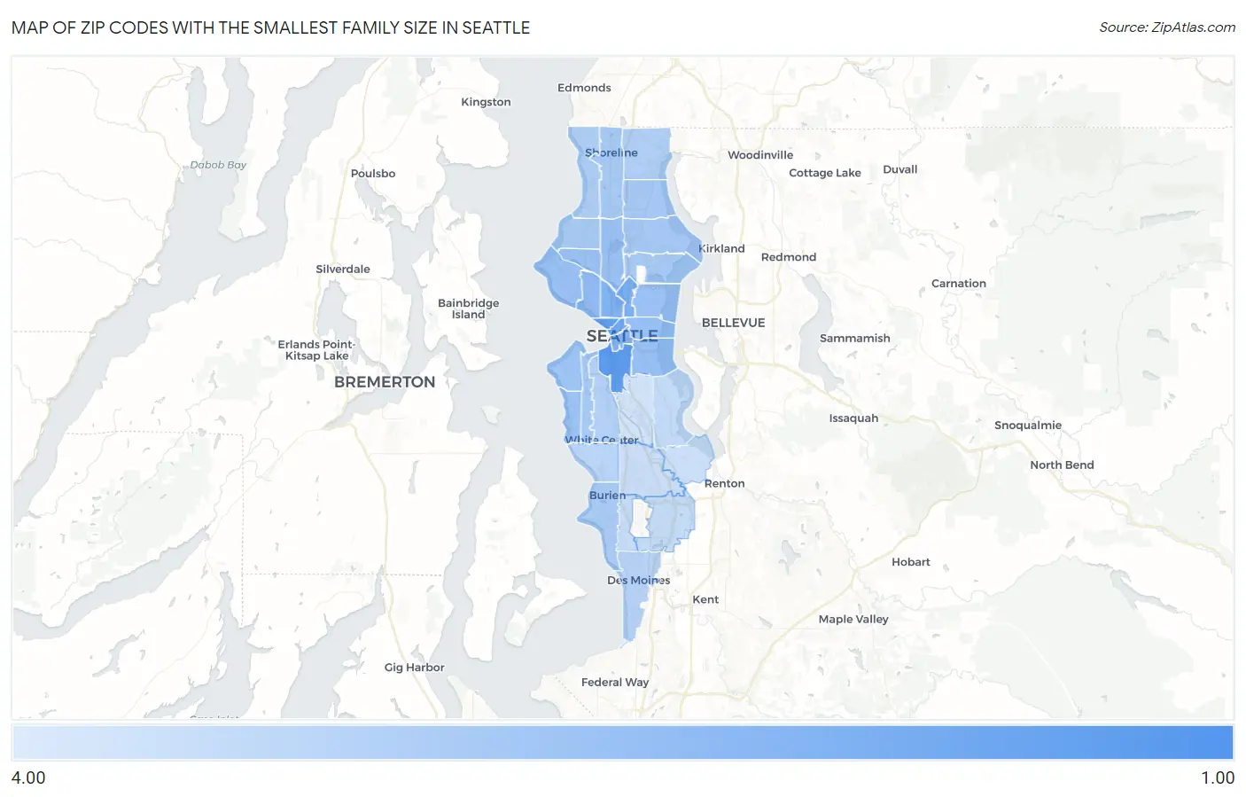 Zip Codes with the Smallest Family Size in Seattle Map