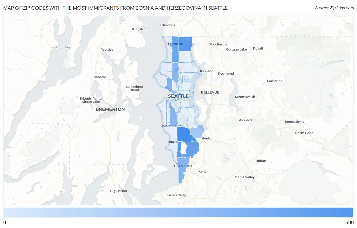 Zip Codes with the Most Immigrants from Bosnia and Herzegovina in Seattle Map