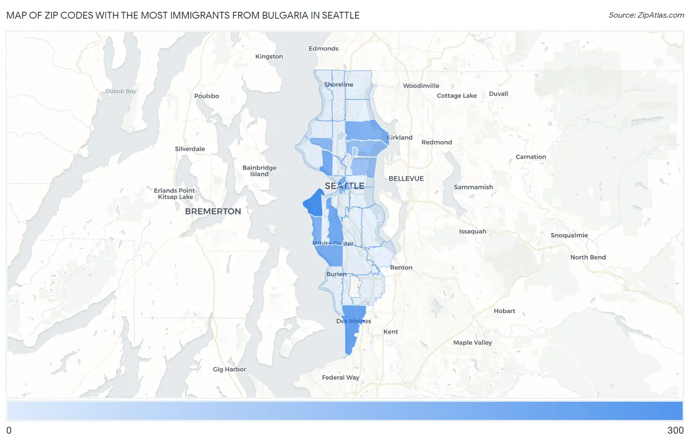 Zip Codes with the Most Immigrants from Bulgaria in Seattle Map