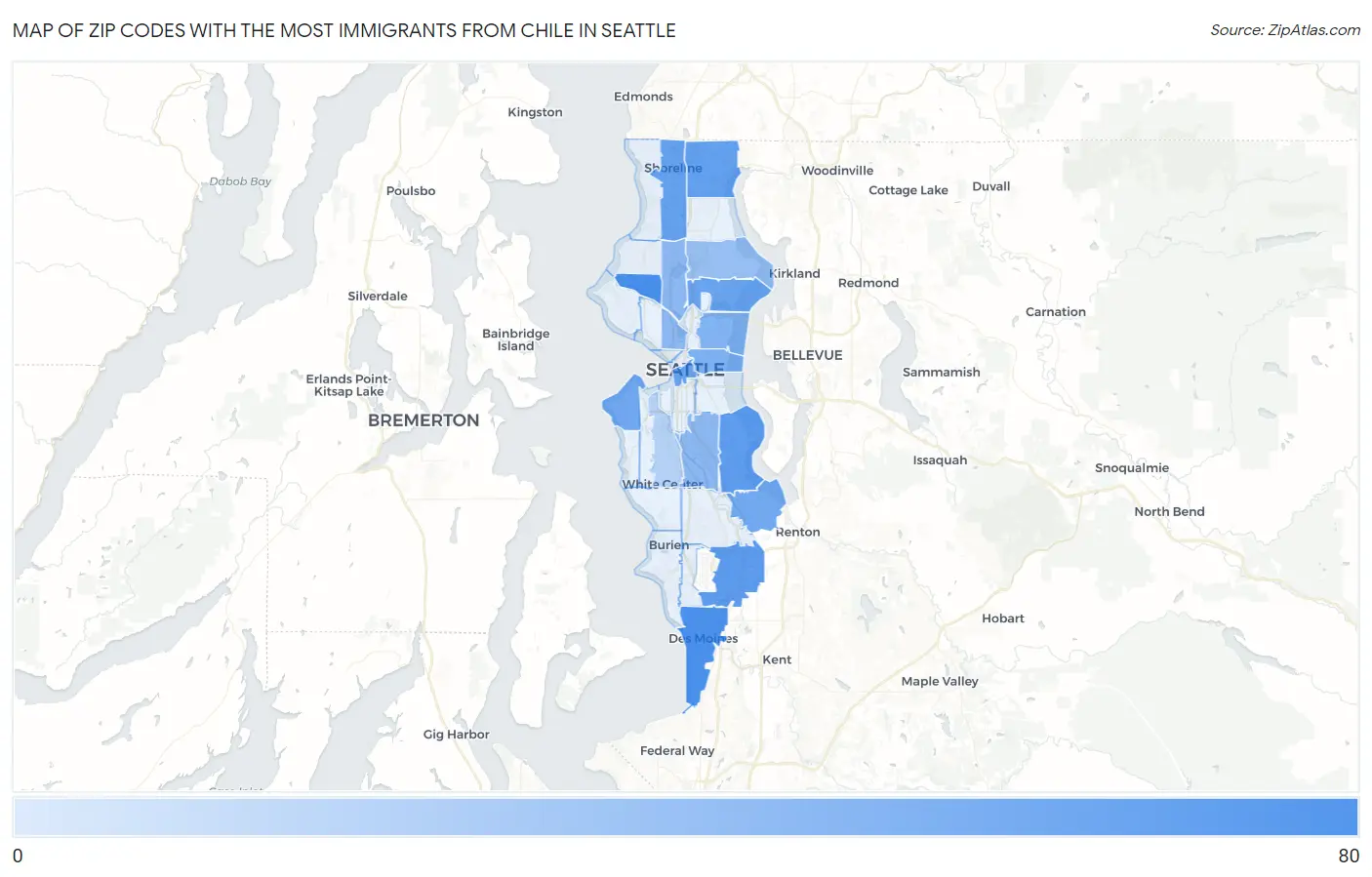 Zip Codes with the Most Immigrants from Chile in Seattle Map
