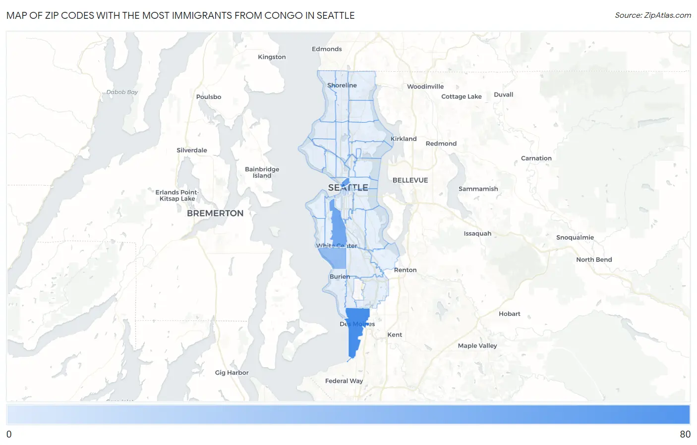 Zip Codes with the Most Immigrants from Congo in Seattle Map