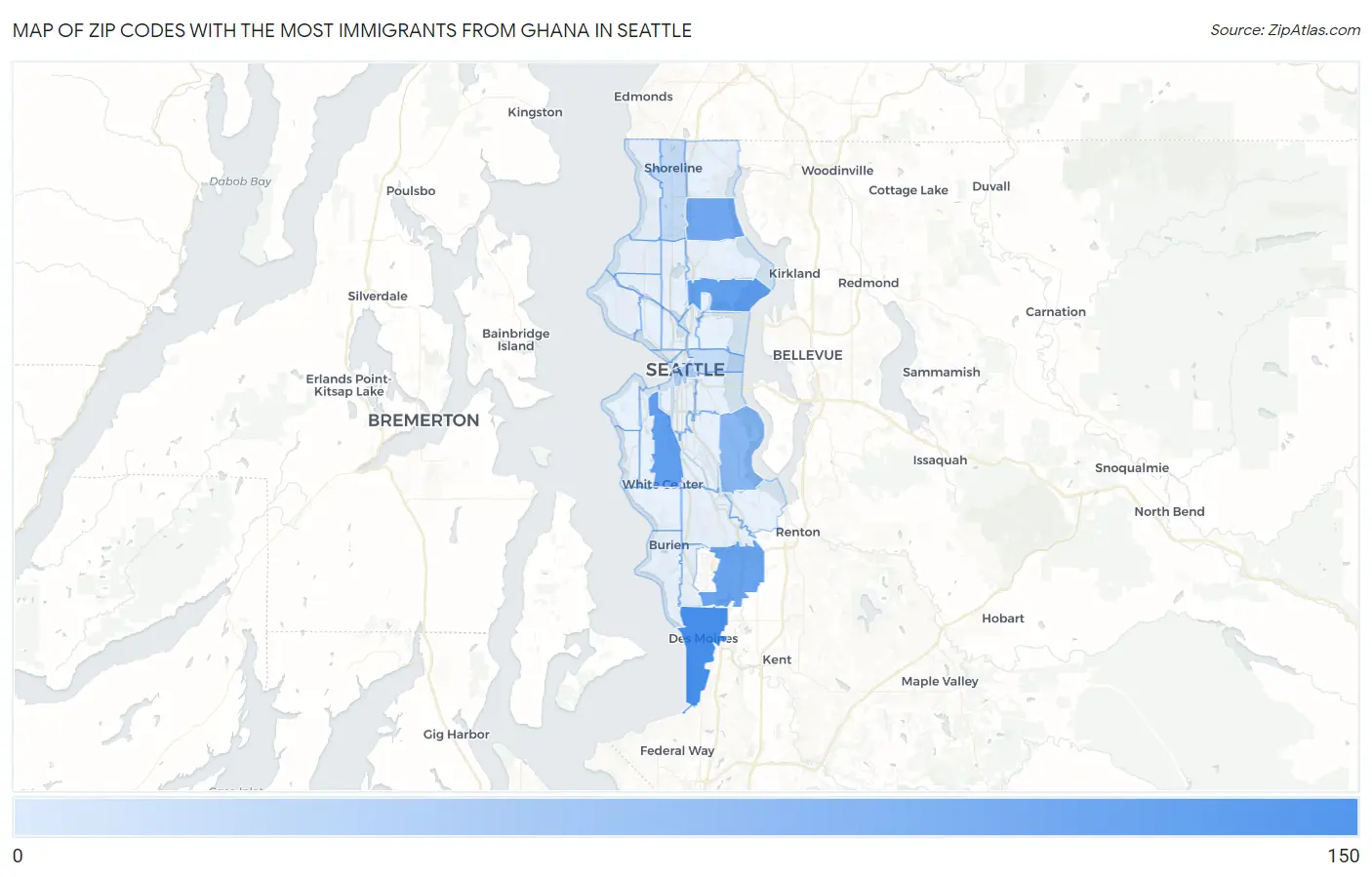 Zip Codes with the Most Immigrants from Ghana in Seattle Map