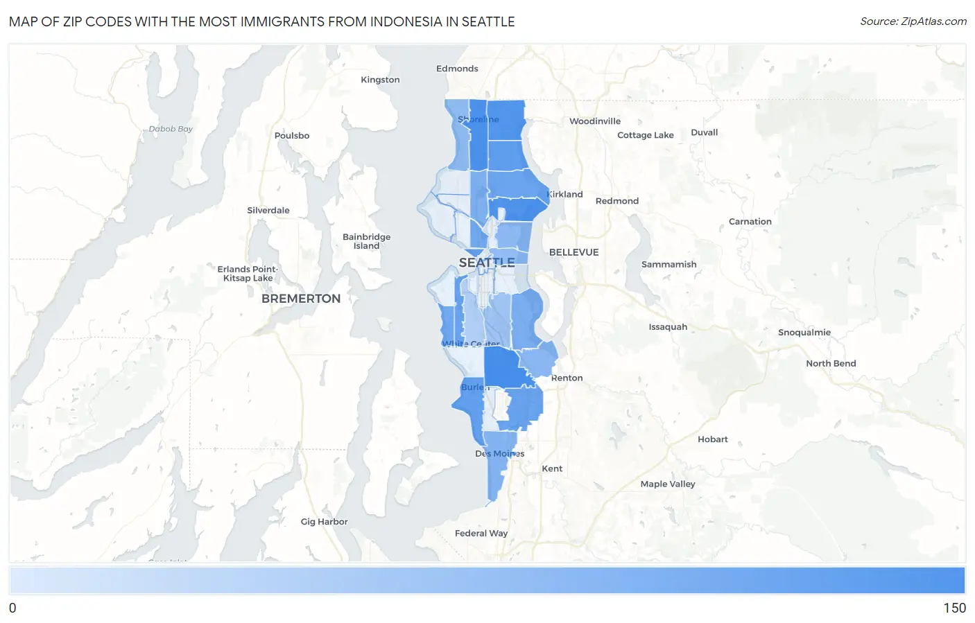Zip Codes with the Most Immigrants from Indonesia in Seattle Map