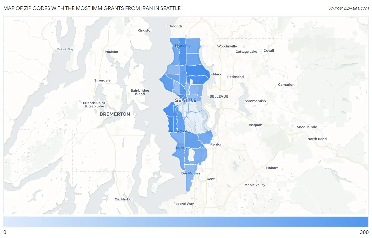 Zip Codes with the Most Immigrants from Iran in Seattle Map