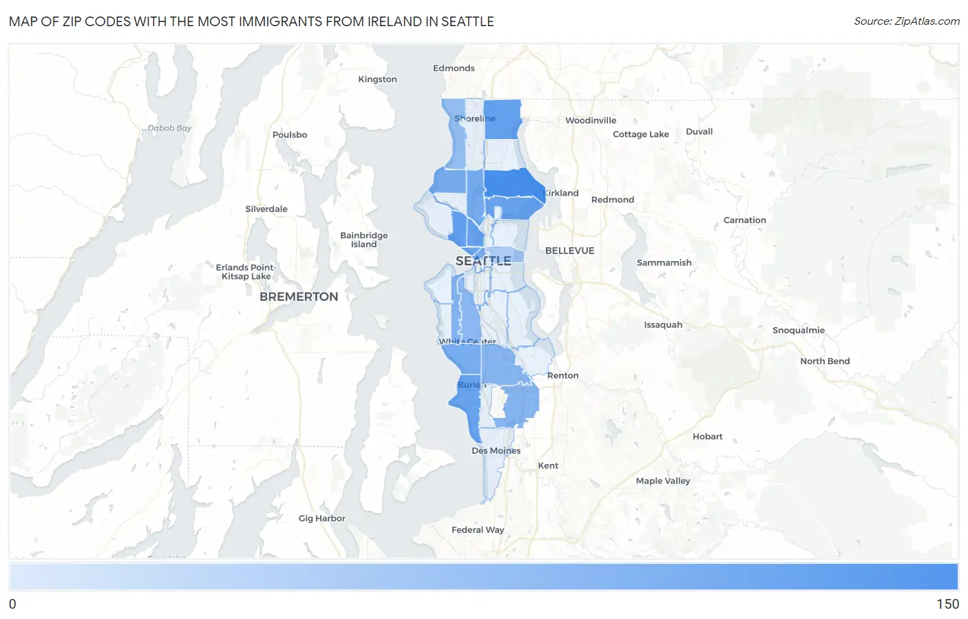 Zip Codes with the Most Immigrants from Ireland in Seattle Map