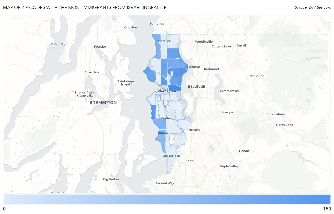 Zip Codes with the Most Immigrants from Israel in Seattle Map