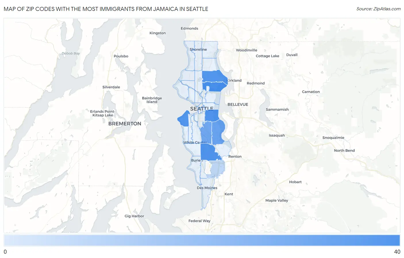 Zip Codes with the Most Immigrants from Jamaica in Seattle Map