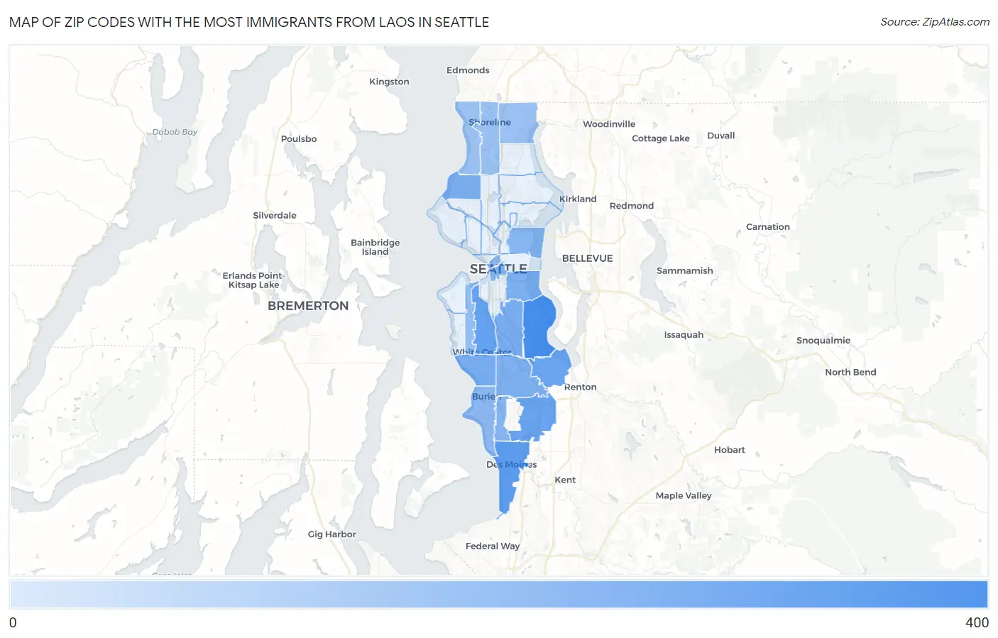 Zip Codes with the Most Immigrants from Laos in Seattle Map