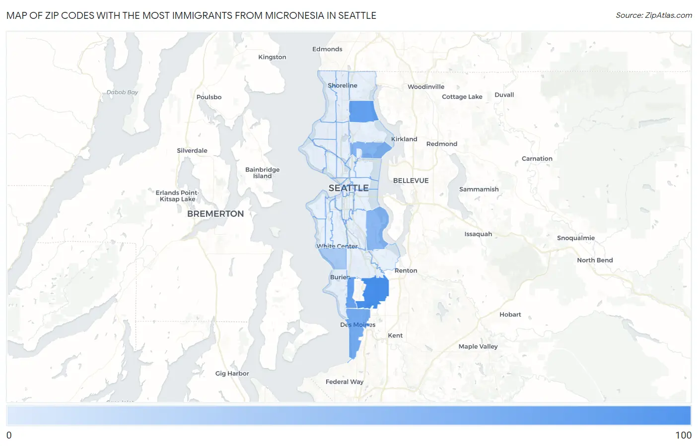 Zip Codes with the Most Immigrants from Micronesia in Seattle Map