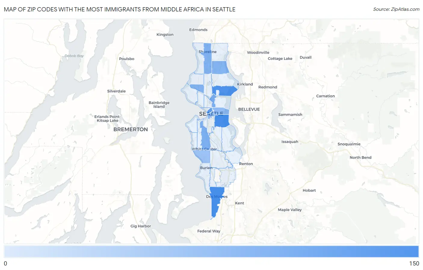 Zip Codes with the Most Immigrants from Middle Africa in Seattle Map