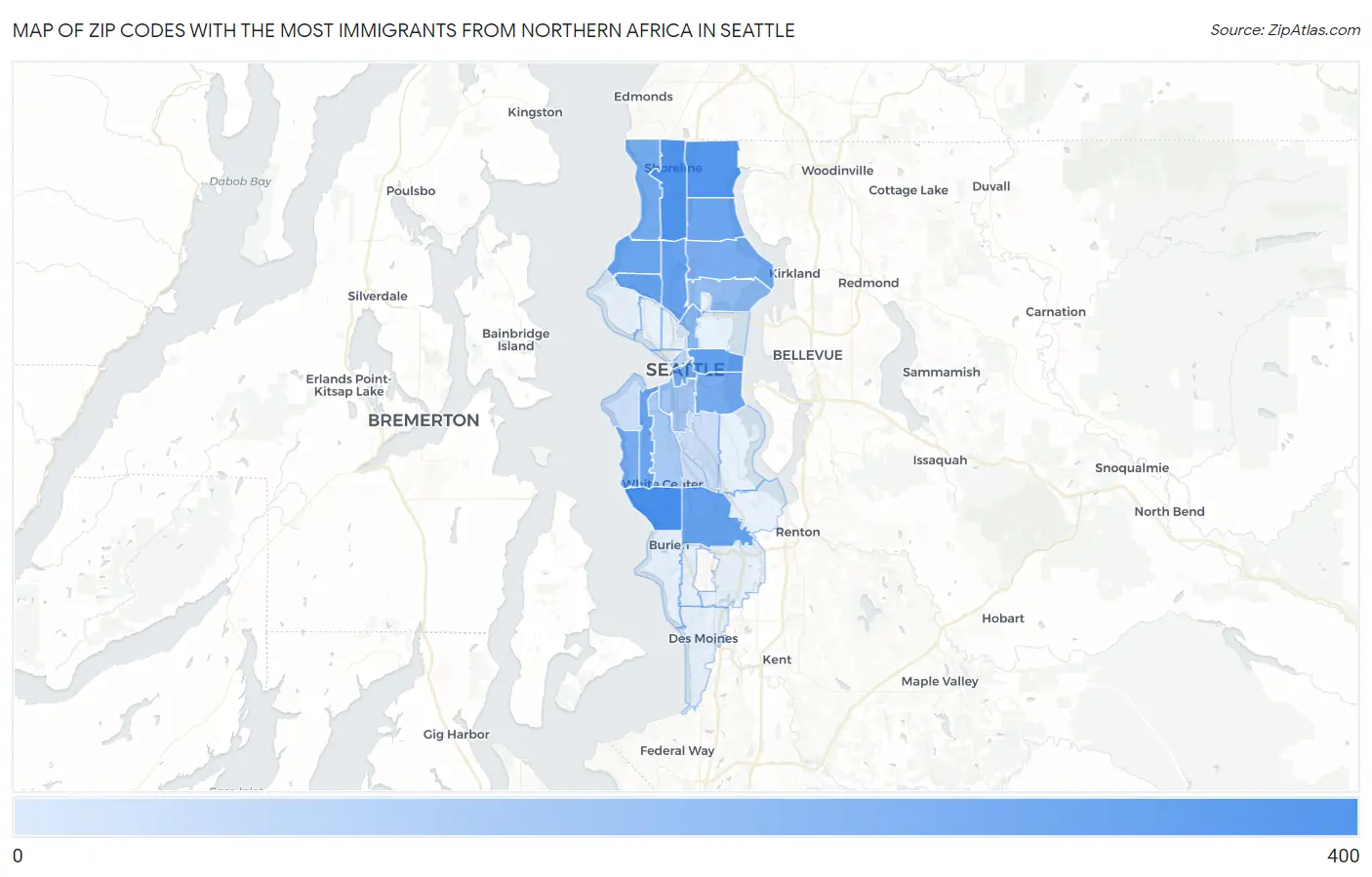Zip Codes with the Most Immigrants from Northern Africa in Seattle Map