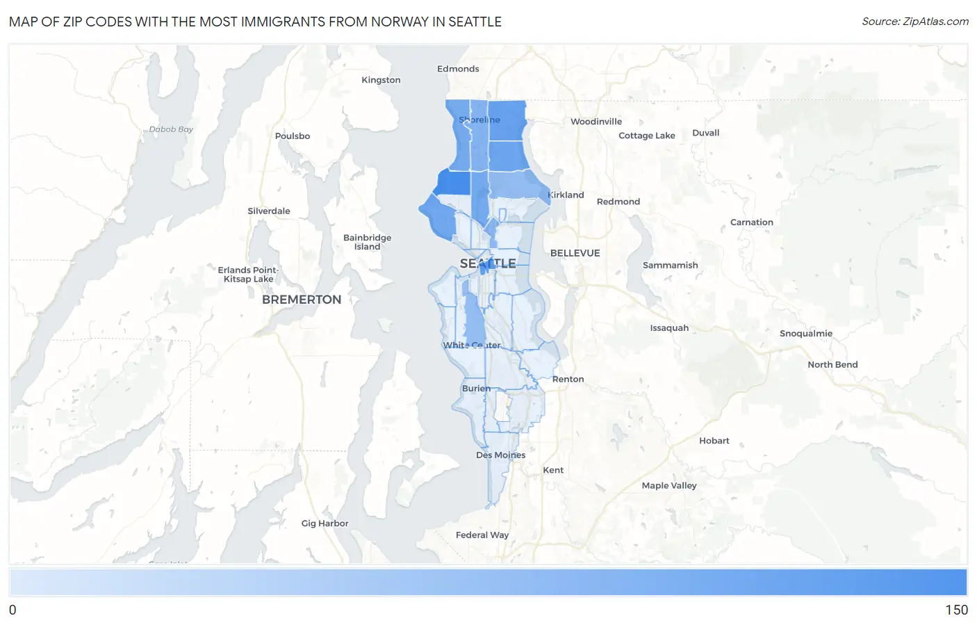 Zip Codes with the Most Immigrants from Norway in Seattle Map
