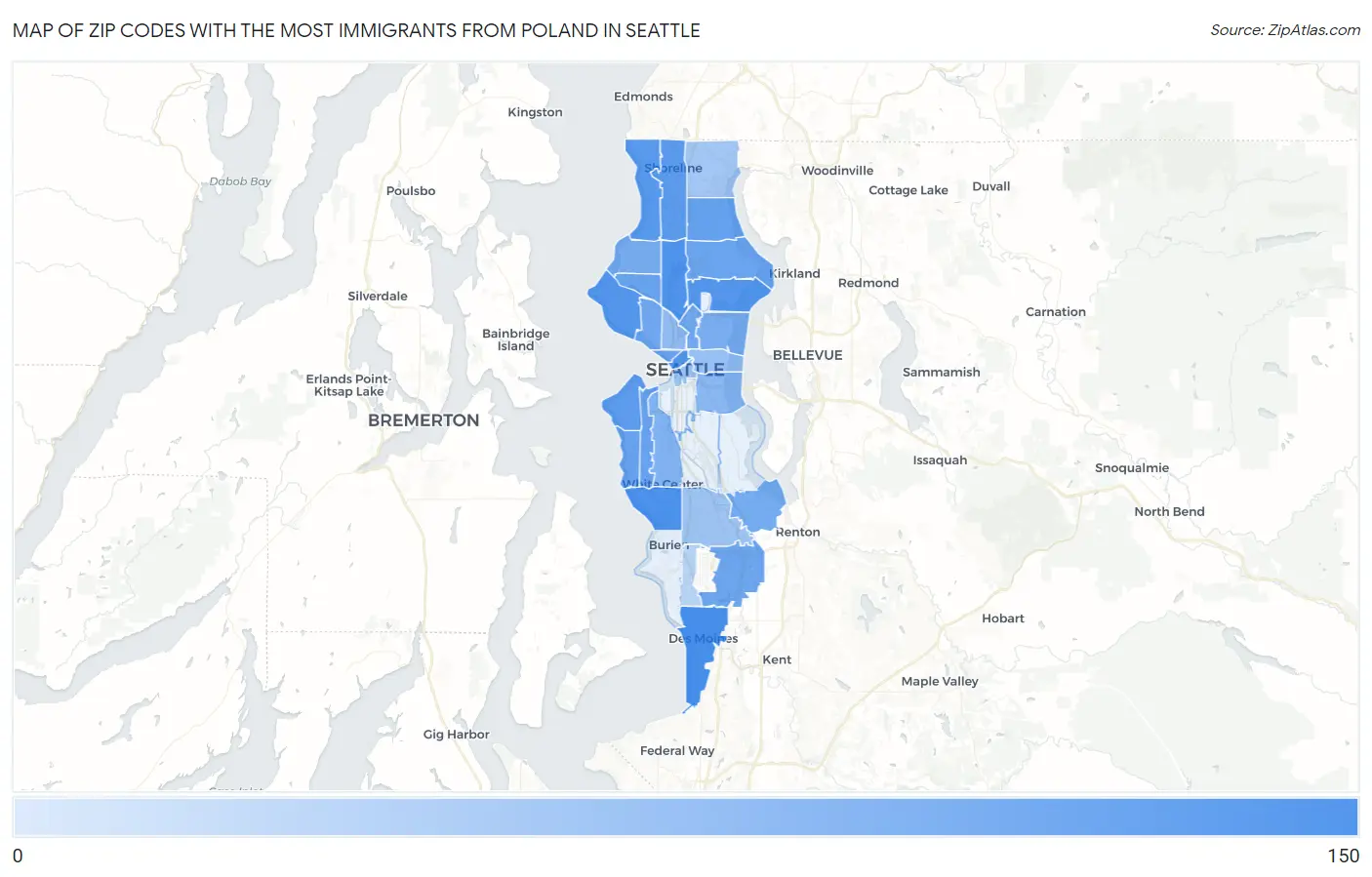 Zip Codes with the Most Immigrants from Poland in Seattle Map