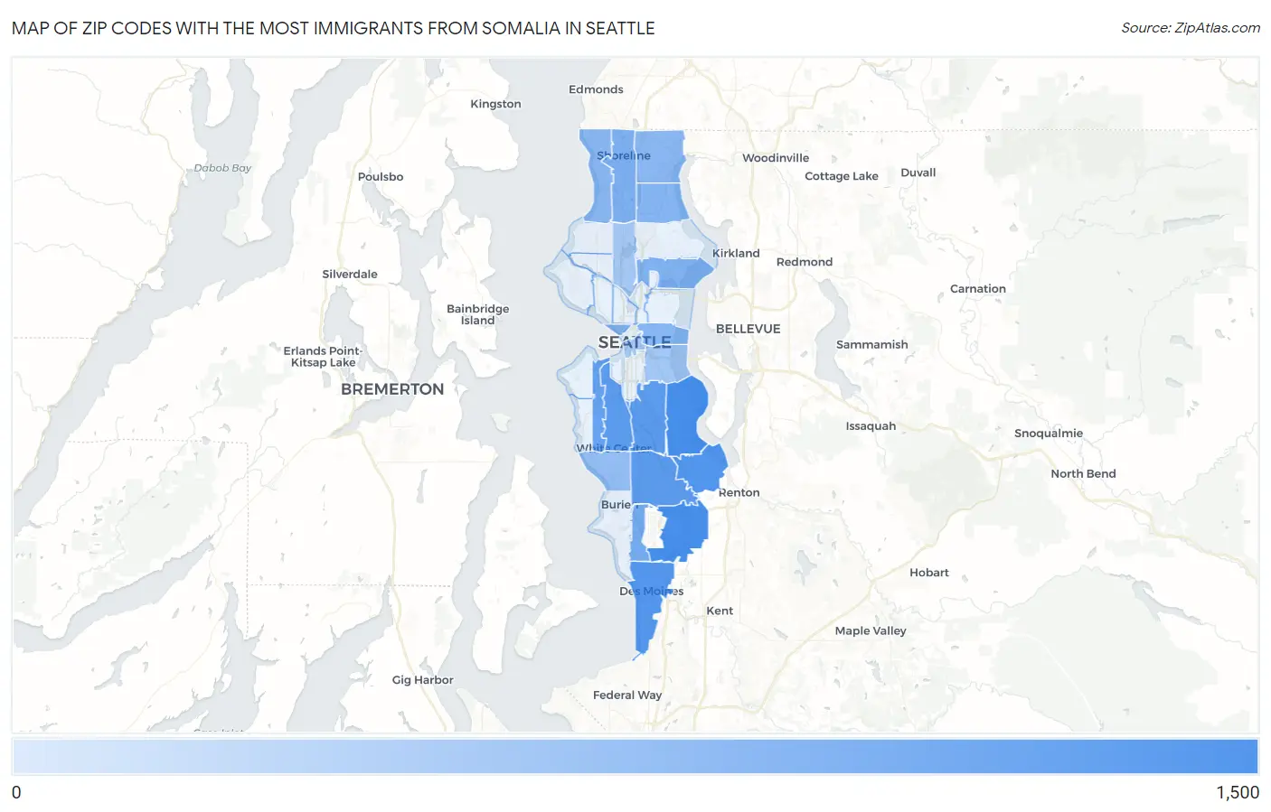 Zip Codes with the Most Immigrants from Somalia in Seattle Map