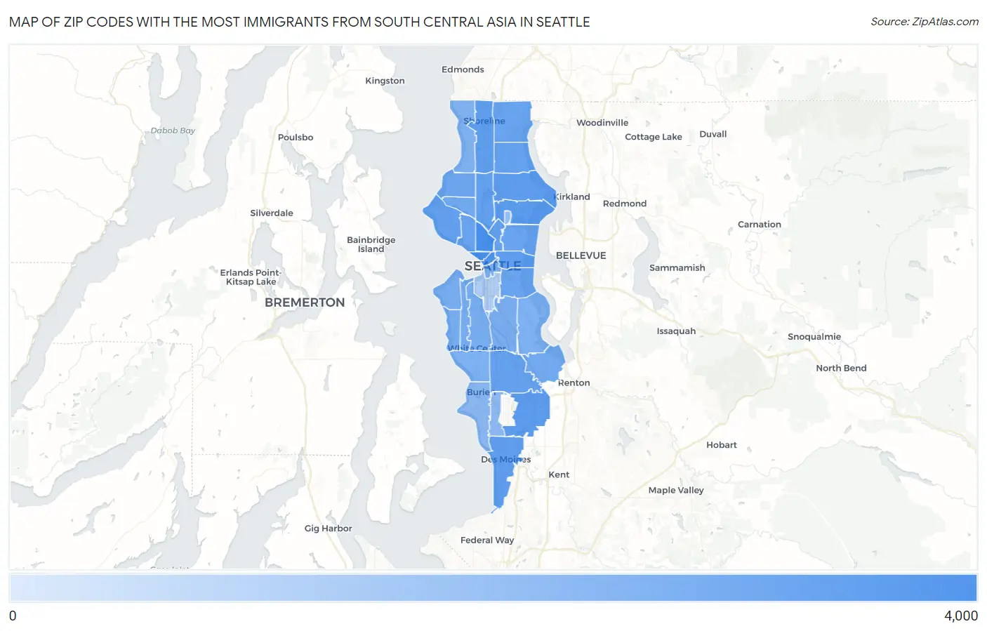 Zip Codes with the Most Immigrants from South Central Asia in Seattle Map