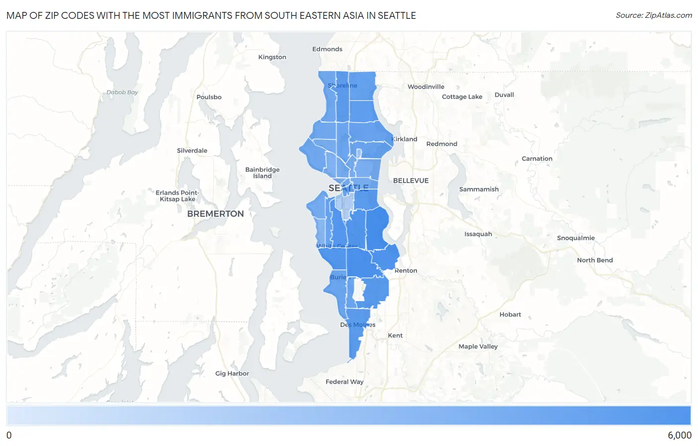 Zip Codes with the Most Immigrants from South Eastern Asia in Seattle Map