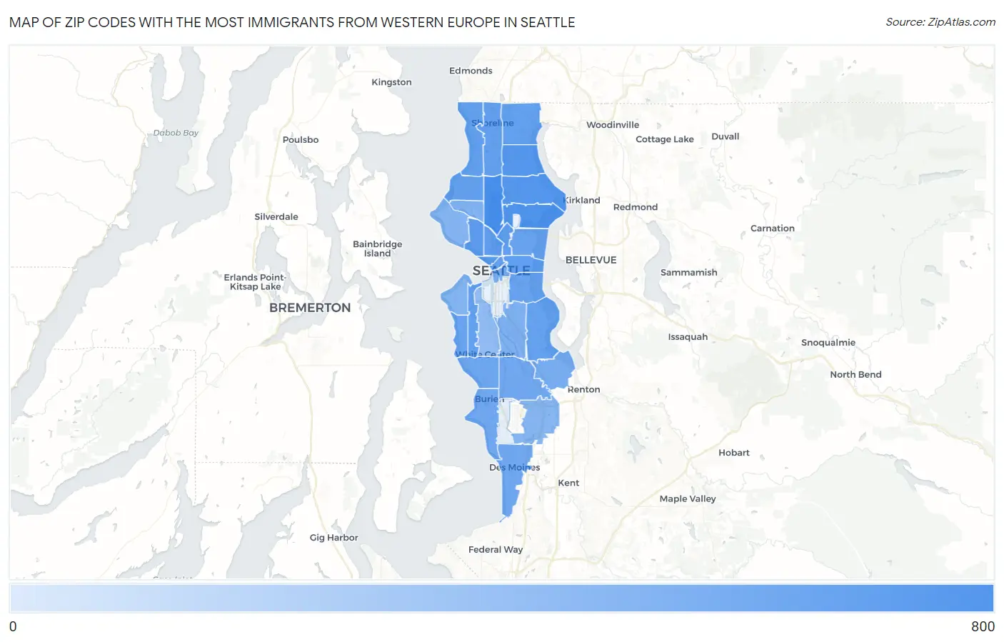 Zip Codes with the Most Immigrants from Western Europe in Seattle Map