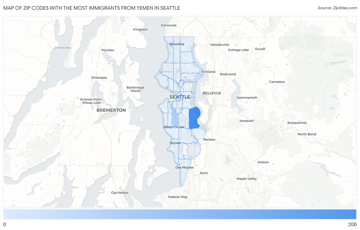 Zip Codes with the Most Immigrants from Yemen in Seattle Map