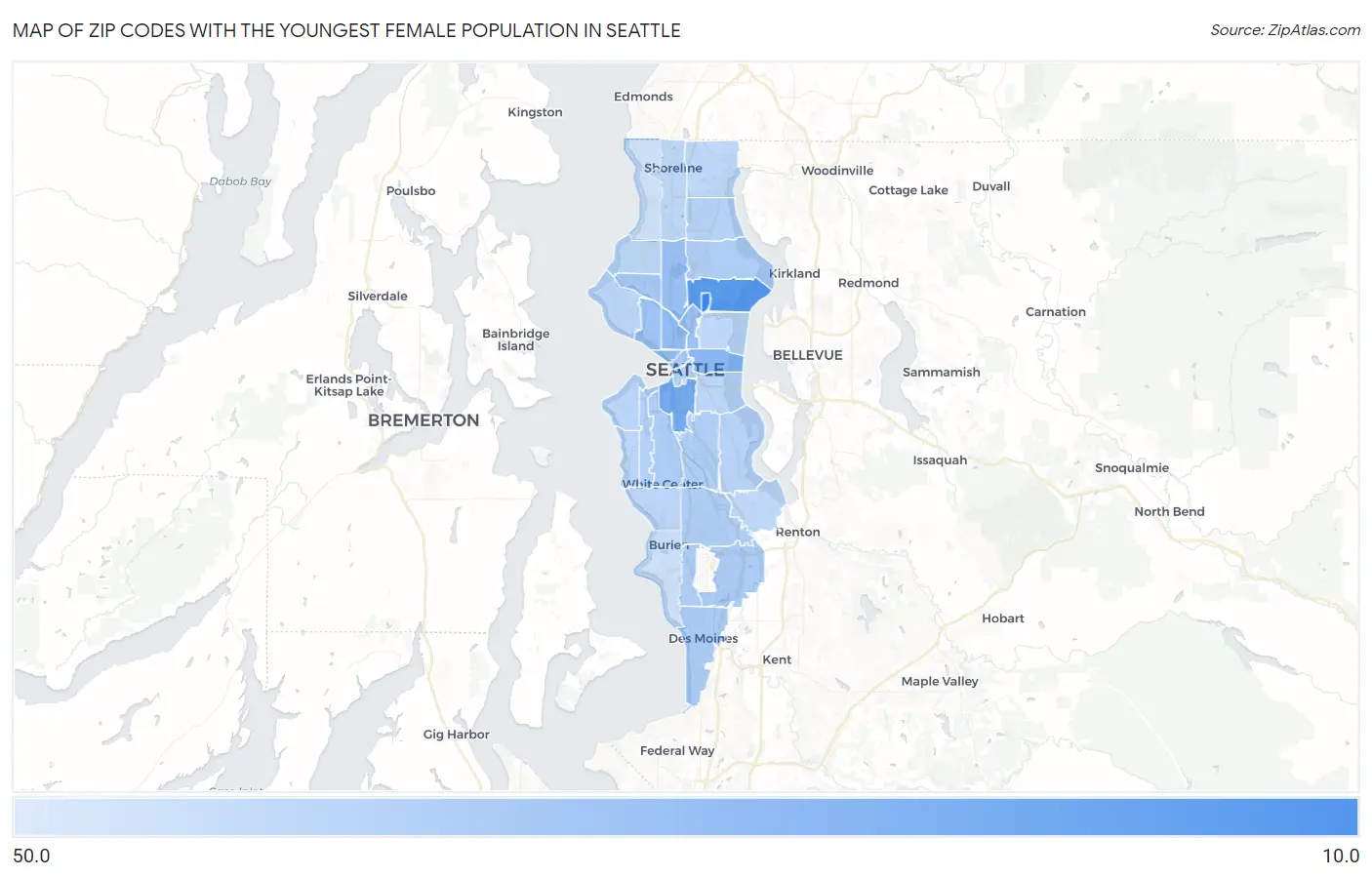 Zip Codes with the Youngest Female Population in Seattle Map