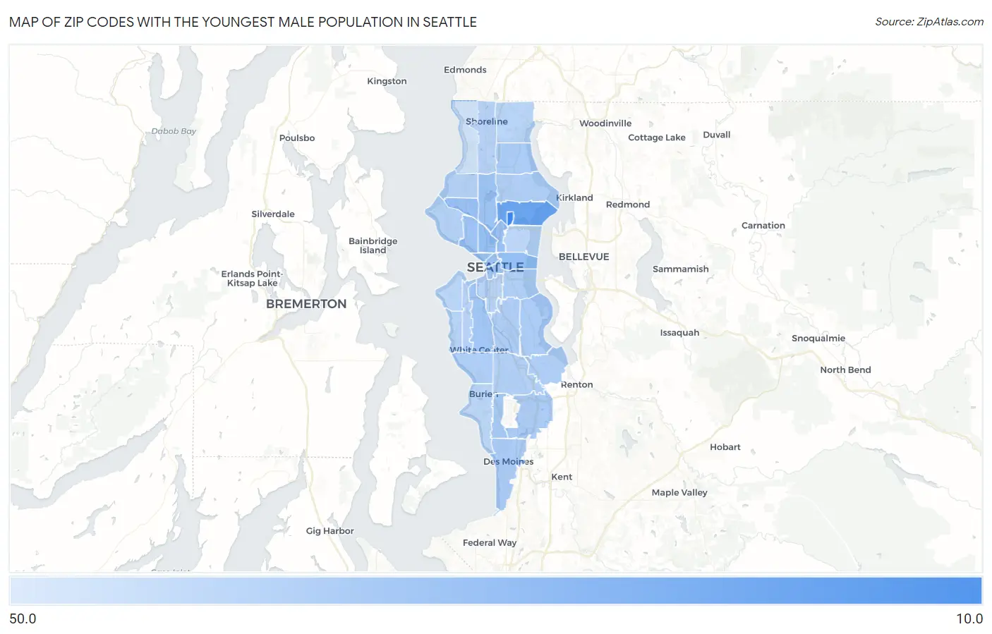 Zip Codes with the Youngest Male Population in Seattle Map