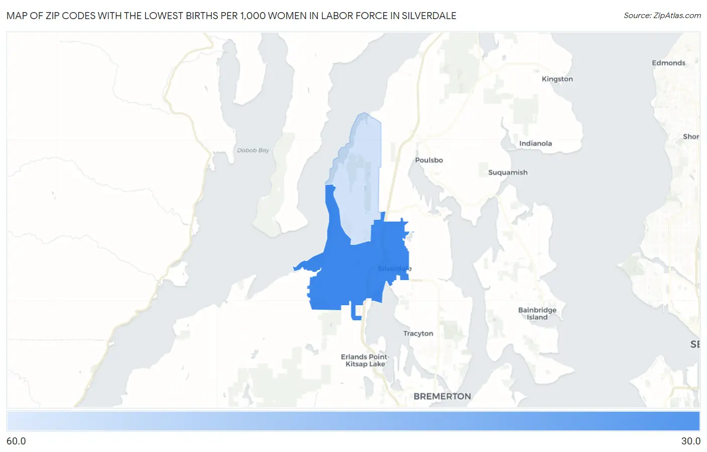 Zip Codes with the Lowest Births per 1,000 Women in Labor Force in Silverdale Map