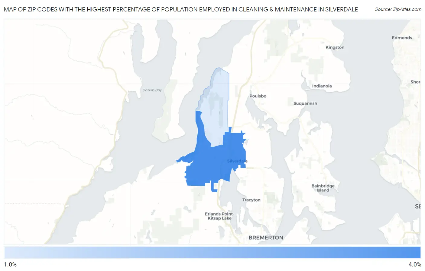 Zip Codes with the Highest Percentage of Population Employed in Cleaning & Maintenance in Silverdale Map