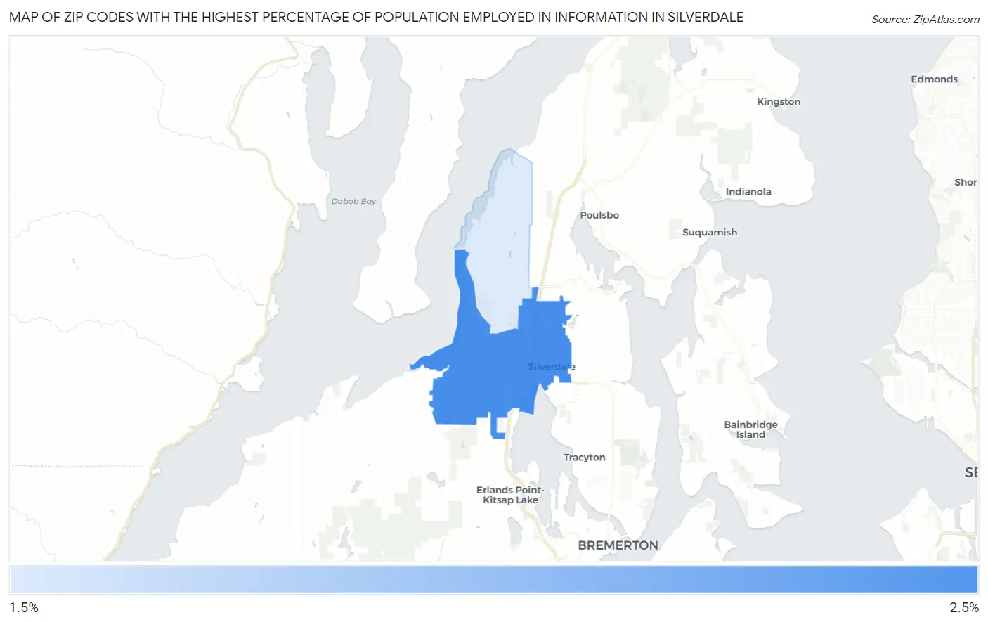 Zip Codes with the Highest Percentage of Population Employed in Information in Silverdale Map