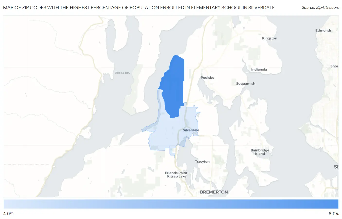 Zip Codes with the Highest Percentage of Population Enrolled in Elementary School in Silverdale Map