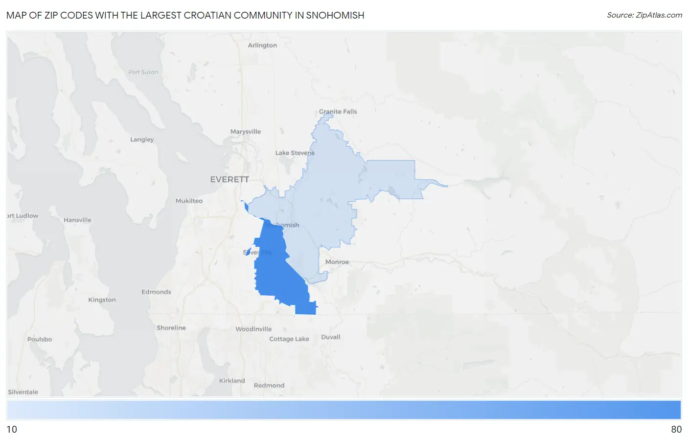 Zip Codes with the Largest Croatian Community in Snohomish Map