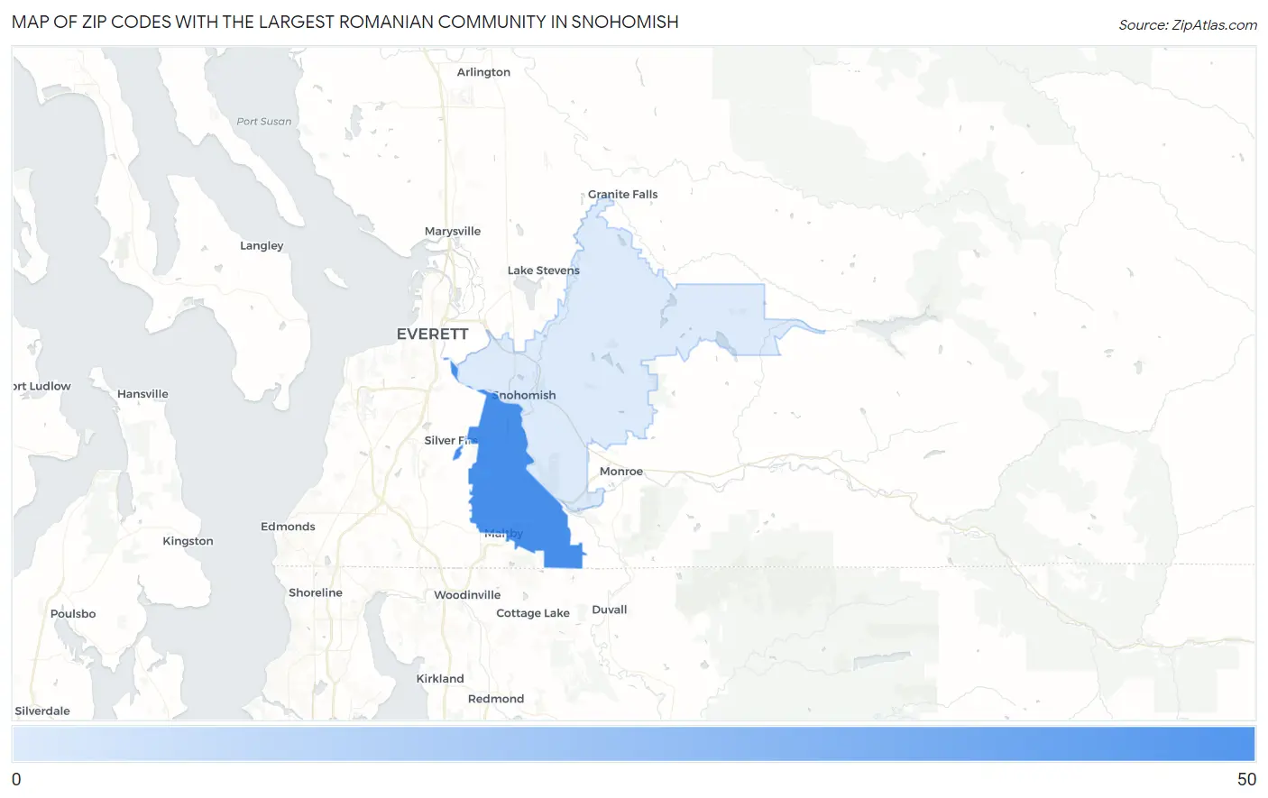 Zip Codes with the Largest Romanian Community in Snohomish Map
