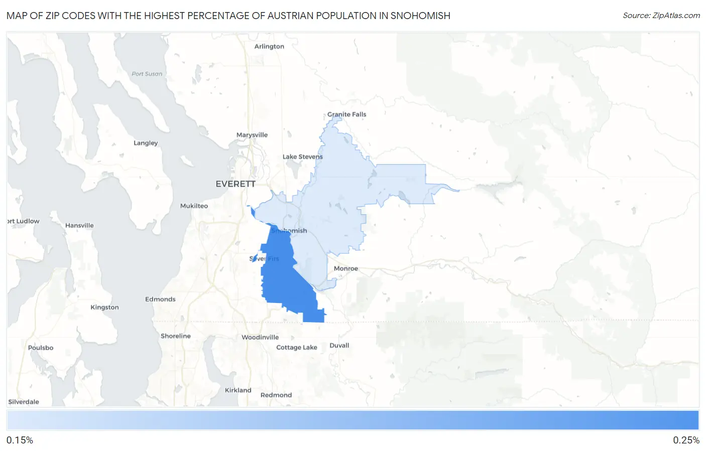 Zip Codes with the Highest Percentage of Austrian Population in Snohomish Map