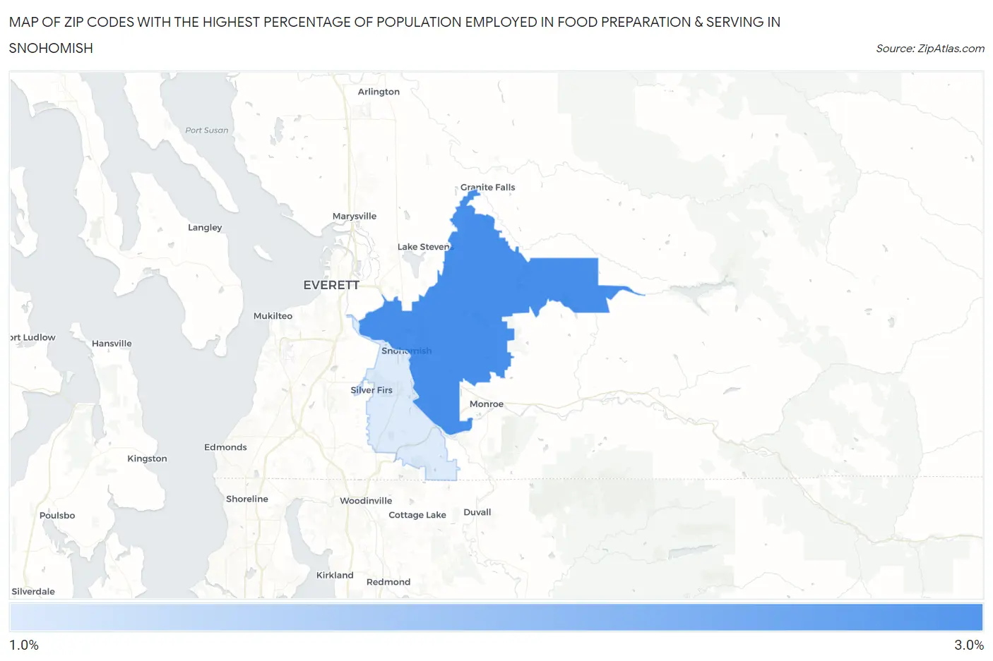 Zip Codes with the Highest Percentage of Population Employed in Food Preparation & Serving in Snohomish Map